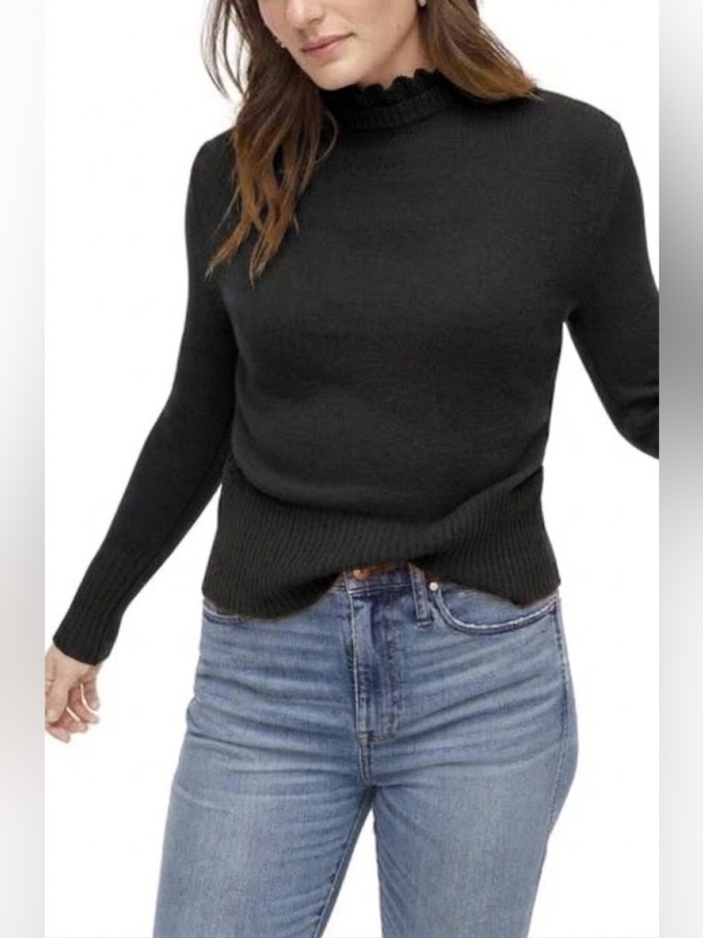 J. Crew Black Wool Blend Long-Sleeve Ruffle Neck Sweater